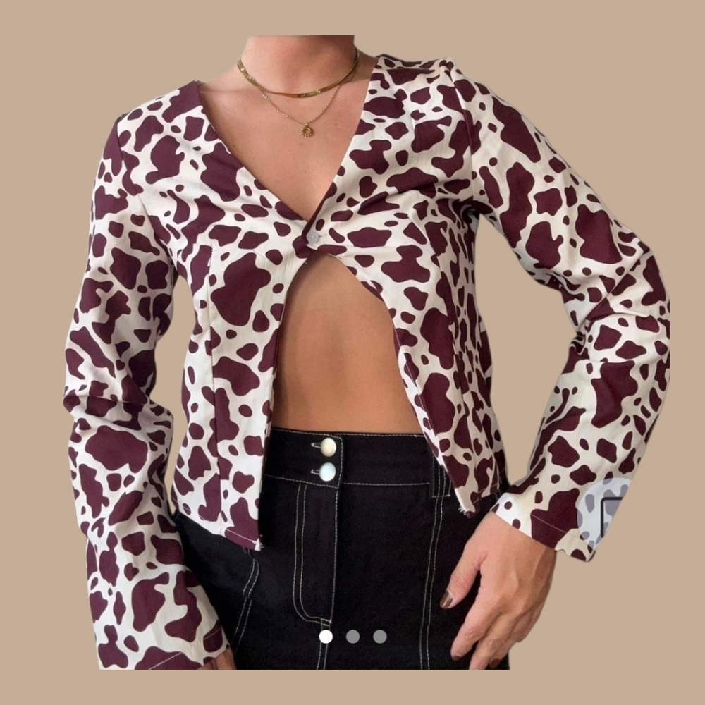 🔴Brown/White Cow Print Single Button Blouse